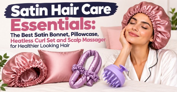 Satin Hair Care Essentials The Best Satin Bonnet, Pillowcase, Heatless Curl Set and Scalp Massager for Healthier Looking Hair